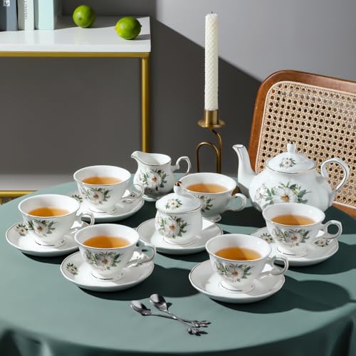 CHENP.HMC Porcelain Tea Cup Set 22-Piece Ceramic Coffee Tea Sets (Camellia) - color: White Green