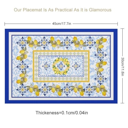 Lemon Placemats Set of 4, 12x18 Inch Yellow and Blue Mediterranean Summer Fruit Italian Tiles Seasonal Heat Resistant Table Mats for Dining Kitchen Birthday Party Holiday Decor - color: Lemon06, size: 4pcs