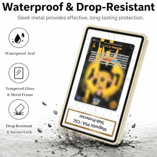 Magnetic PSA/CGC Slab Protector with Foldable Kickstand - UV Protection Tempered Glass & Aluminum Metal Bumper for 35PT PSA CGC CSG AGS, 9-Point Secure Lock Display Guard & Clear View (Gold) - color: Light Gold, size: PSA Card Case