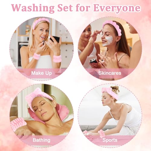 6 Pcs Puffy Terry Cloth Headbands and Wristbands for Skincare, Shower, and Makeup Removal - color: Pink