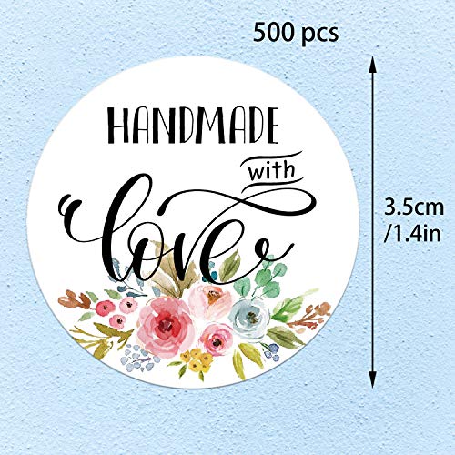 Floral Handmade Stickers, 1.4 Inch Round, 500 Labels per Roll (1 Roll), Adhesive Labels