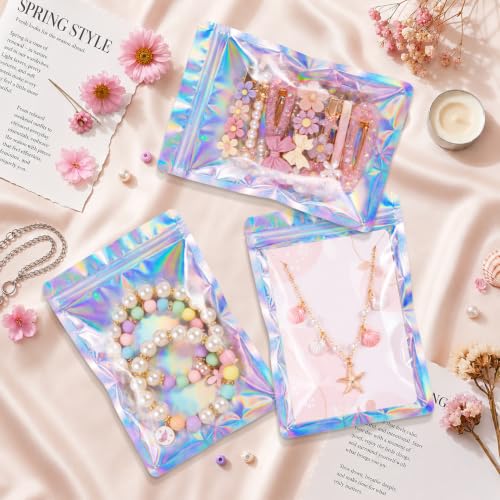 Funfery 100 Pcs Resealable Clear Holographic Bags,Smell Proof,3x4.7in - color: Holographic, size: 3x4.7 inch