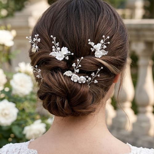 Handmade Pearl Bridal Wedding Hair Pins 6Pcs White Ceramic Flowers Gold Leaf Pearls Clips Wedding Hair Accessories for Women Brides Bridesmaid (Silver) - color: Silver