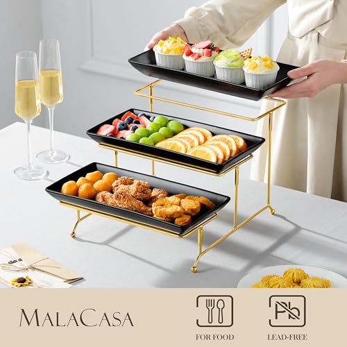 MALACASA 3 Tier Serving Trays for Party, 12 Inch Porcelain Black Trays for Serving Food, Dessert Stand with Collapsible Gold Metal Rack - color: Black Gold, size: 12 Inch