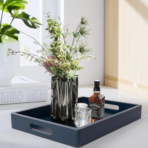 DD DEFINED DECO Coffee Table Tray, Blue Wood Serving Tray with Handles for Food & Drinks, Coffee Table, Ottoman, Breakfast in Bed, Deep Blue(15.75''*10'')