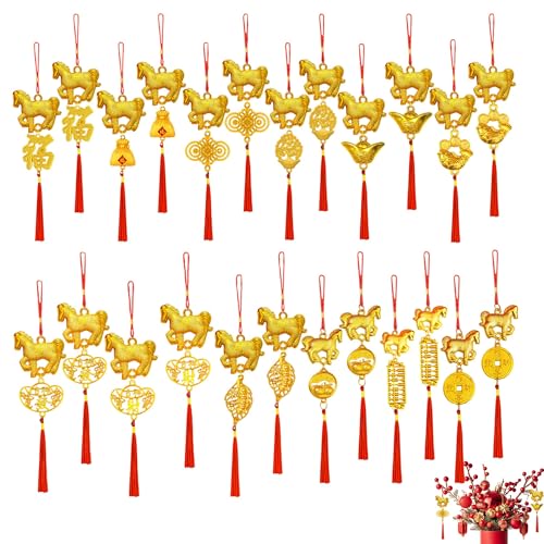24 Pcs Chinese New Year Decorations Year of The Horse 2026 Chinese Knot Tassel Lucky Charm Feng Shui Hanging Pendants for Lunar New Year Wealth Success Good Luck Home Kitchen Bonsai Car Decor