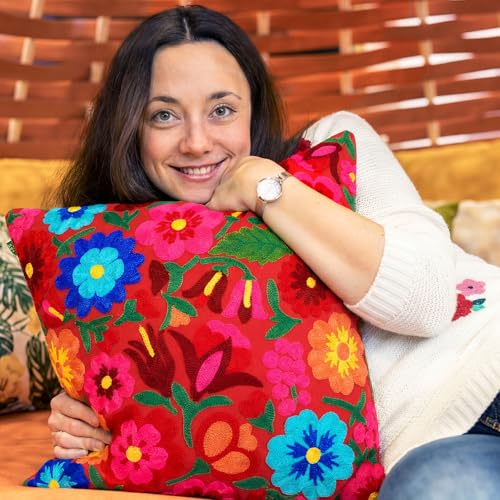 HunnmingRe 2 Pcs Mexican Boho Throw Pillow Covers 18 x 18 Inch Embroidery Colorful Floral Throw Pillows Ethnic Decorative Fiesta Cushion Covers for Bed Couch Sofa Home Decor(White, Red) - color: Red,white