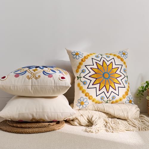 Embroidered Floral Throw Pillow Cover 20x20 Set of 1 Yellow - color: Yellow, size: 20" x 20" (Pack of 1)