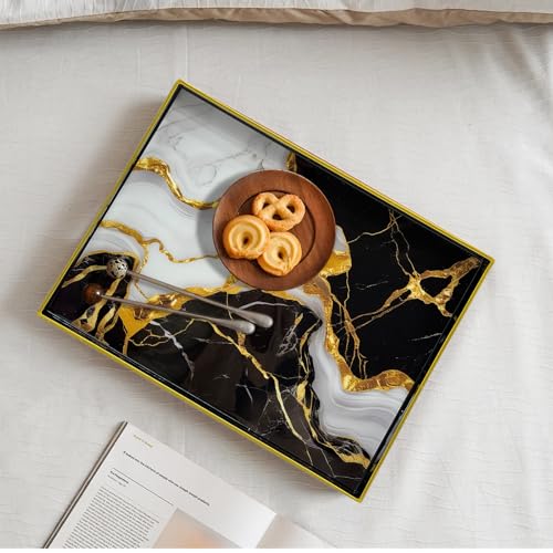 Serving Tray with Handles, 15.7 * 11.8 inches, Plastic Ottoman Tray with Exquisite Paintings, Trays for Coffee Table - color: Gilt Marble