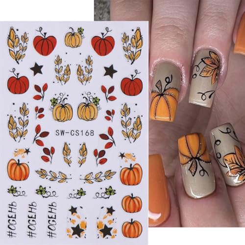 Fall Nail Art Stickers Autumn Leaf Pumpkin Nail Stickers 6PCS 3D Self-Adhesive Foxes Leaves Floral Pumpkin Design Nail Decals Nail Art Supplies Fall Sticker Sliders for Nails DIY Manicure Decorations - style: style5