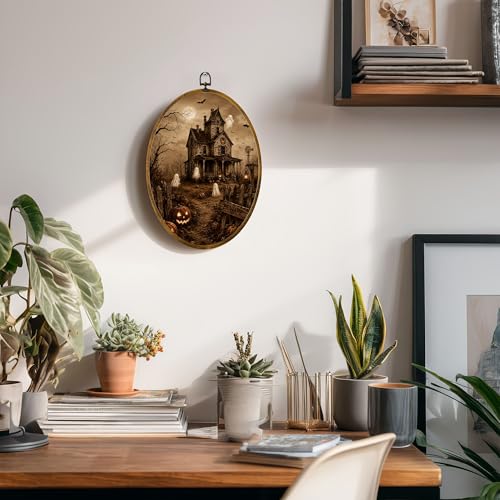 Haunted House Ghost Oval Wall Art, Framed Canvas Decor, 8.5x11.5 Inch - color: Spooky Haunted House Ghost