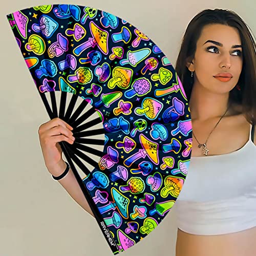 UV Glow Rave Fan, Bamboo Folding Clack Hand Fans Foldable for Men Women, Poping Fan for EDM Festival Line Dance Decoration, (Magic Mushrooms, Large 13") - color: Magic Mushrooms, size: Large 13"