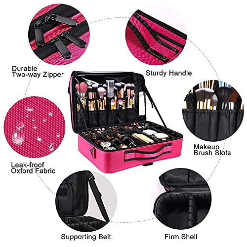 gzcz Large Capacity 16.5 inches Professional Travel Makeup Train Case Portable Artist Cosmetic Brush Organizer Storage Bag With Adjustable Dividers And Shoulder Strap for Toiletry Jewelry （Rose Red） - color: Rose Red, size: Large