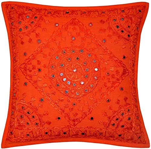 Indian Mirror Embroidered Decorative Sofa Throw Pillow Cushion Cover Boho Bohemia (Color : Orange Size -24 X 24) - color: Orange, size: 24" x 24" (Pack of 1)