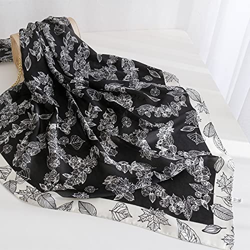 ANDANTINO 100% Mulberry Silk Scarf -Women 35" Square Hair Wraps-Gift Packed - color: Black Leaves