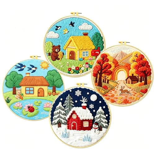 Zhenqing Four Seasons Embroidery Kit for Beginners, 4-Piece Spring Summer Fall Winter Landscape Needlework Set with Pre-Printed Fabric, Hoop & Threads (C0182) - color: Four Seasons