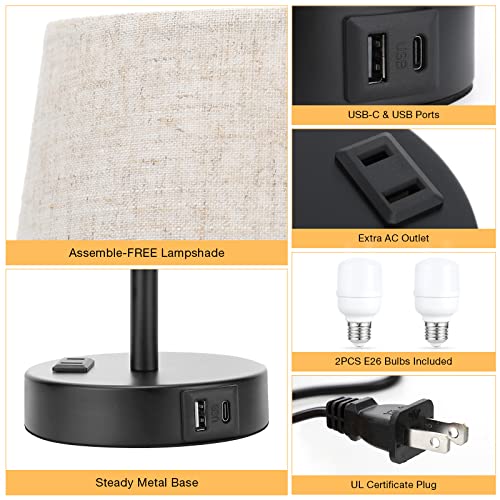 Bedside Table Lamps Set 2 for Bedroom - Dimmable Touch, USB C+A, AC Outlet - color: Beige