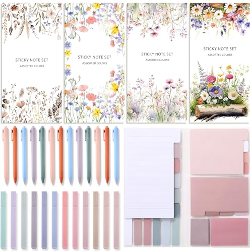 Thenshop 26 Pcs Book Annotation Kit for Women Back to School Supplies, 4 Pack Sticky Note Set of 2112 Sheets Pastel Sticky Notes Tabs Dividers, 12 Highlighters, 10 Gel Pens for Teacher Office Gifts