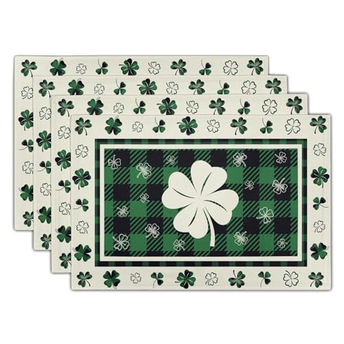 Giwawa Lucky Clover Placemats Set of 4 for Kitchen Dining, St Patricks Day Shamrocks Buffalo Plaids Washable Linen Place Table Mat 12x18 Inches for Tabletop Holiday Party Picnic Decor - color: Clover Plaid