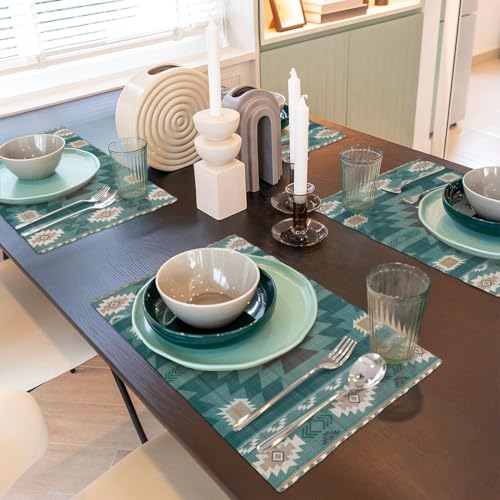 Ethnic Southwestern Place Mats Set of 4,Navajo Tribal Native American Boho Geometric Pattern Aztec Washable Linen Dinner Mats for Kitchen Table Dining Room Coffe 12"x18" - color: Aztec 15, size: 12x18"Placemats x4