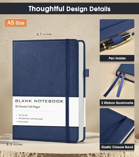 Journal Notebook, A5 Leather Hardcover Blank Sketchbook, 160 Pages, 180° Lay-Flat Binding, 100 GSM Thick Paper, for Sketching, Drawing, Art Journaling & Creative Writing (Navy) - color: Navy, size: Plain