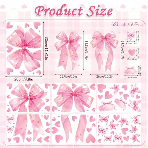 Large Pink Bow Wall Decals, 6 Sheets 64 Pcs - color: Large Pink Bow