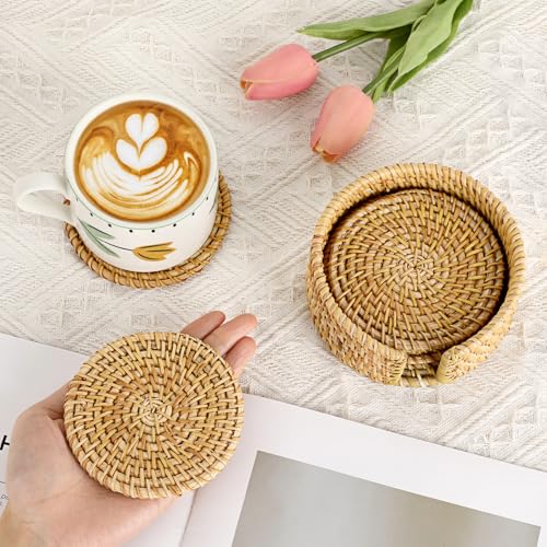 Drink Coasters Set of 6-Handwoven Rattan Coaster with Holder,Natural Rattan - style: Natural Rattan
