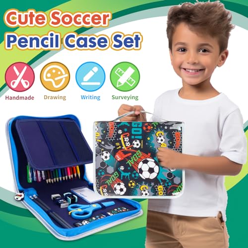 Washable Markers Set with Glitter Pencil Case, Art Supplies for Kids Ages 4-6-8, Arts Crafts Travel Coloring Kit for Boys 4 5 6 7 8 Year Old Birthday Gifts - color: Soccer