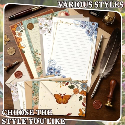 Vintage Rose Stationery Set, 5 Styles Letter Kit with 25 Envelopes, 25 Lined Paper, 2 Sheets Stickers (40pcs), Floral Stationery for Pen Pal, Invitations, 90 Pcs Total - style: Rose Set