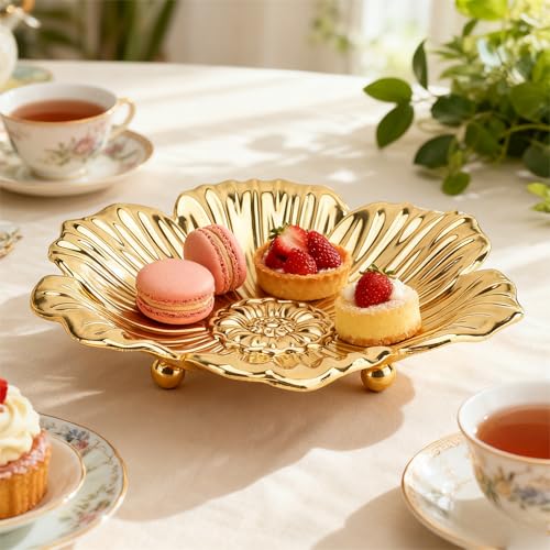 Tissting Round Gold Metal Serving Tray, Coffee Table Trays Decorative, Vintage Fruit Bowl, Vintage Metal Dessert Plates, Turkish Embossed Decorative Tray for Coffee Bar Snack Dessert (7.09") - size: 7.09 inches