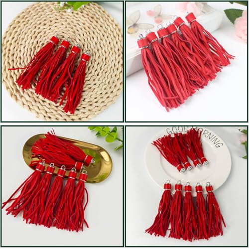 4.3'' Red PU Leather Tassels 12Pcs Gold Caps for Keychains - color: Red