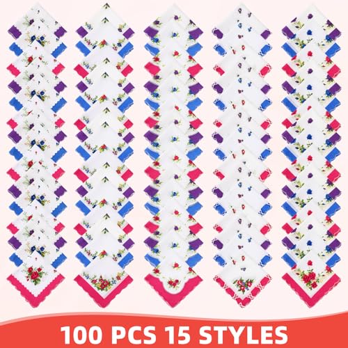 Peryiter 100 Pcs Bulk Handkerchief for Women Vintage Floral Cotton Embroidered Ladies Handkerchiefs