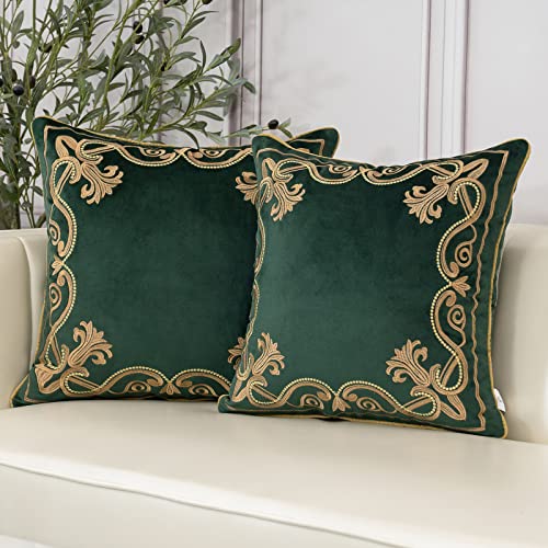 Aeckself European Luxury Velvet Throw Pillow Cover 20 x 20 Inch, Embroidery Floral Pillow Cover Home Decor Pillowcase for Couch Bedroom Living Room, Dark Emerald Green and Gold - color: Green, size: 20" x 20" (Pack of 1)