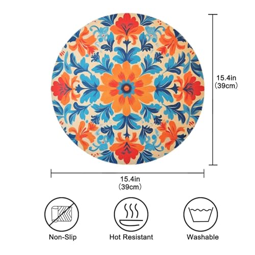 Orange and Blue Flower Round Placemats Washable ‌Heat Resistant‌ ‌Non-Slip Place Mats Table Place Mat for Kitchen Dining - color: Orange and Blue Flower, size: 15.4x15.4inx1