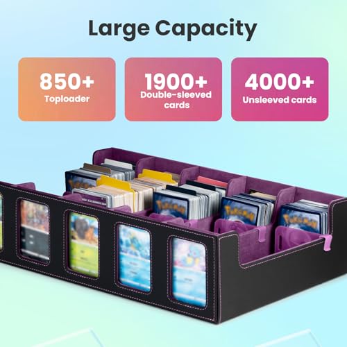 Trading Card Storage Box with Commander Display, 5-Row Deck Case with Removable Lid & Handle, 4000+ Card Organizer with 48 Colorful Dividers & 5 Stoppers for MTG, Black & Purple - color: Black & Purple, size: 4000+, with Handle