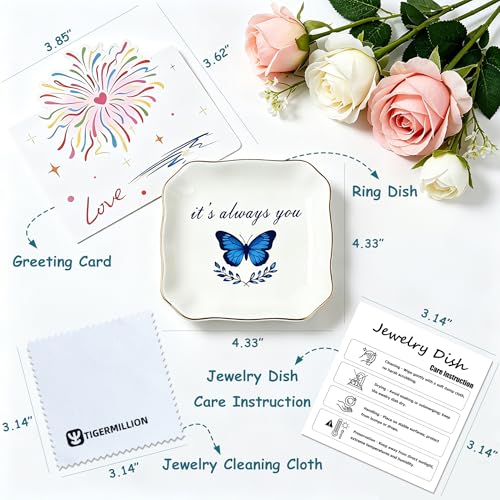 Ceramic Jewelry Tray, Decorative Blue Butterfly Trinket Dish for Rings Earrings Necklaces Bracelet Watch Keys, "It's Always You" Jewelry Dish Birthday Mother's Day Christmas Romantic Gift for Women - style: It's always you