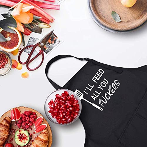 Rosoz Funny Black Chef Aprons for Men BBQ Grill Kitchen Cooking Aprons - color: I'll Feed All You