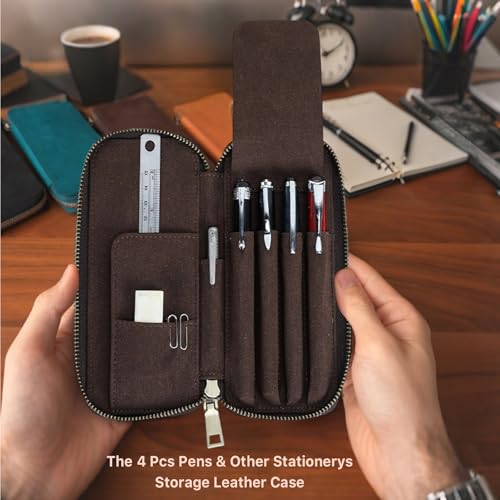 CONTACTS Personalized Pencil Case for 4 Full Grain Leather Zipper Pen Holder Custom Engraved Name Pens Pouch by Handmade - color: Personalized