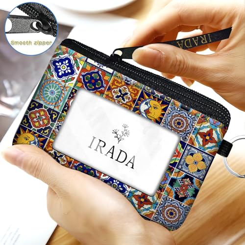 IRADA ID Case Wallet Keychain with Clear ID Window Zipper Cute Coin Purse for Women Water Resistant Small Coin Pouch-Mexican Talavera Tile Keychain Wallet - color: Mexican Talavera Tile-Keychain Wallet