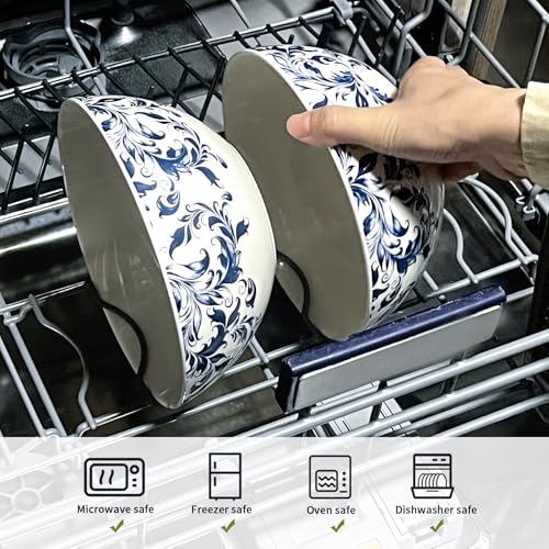 Blue Ceramic Bowl Large Cereal Bowls Set of 4 with Japanese Floral Pattern - color: 4PC white and blue 5