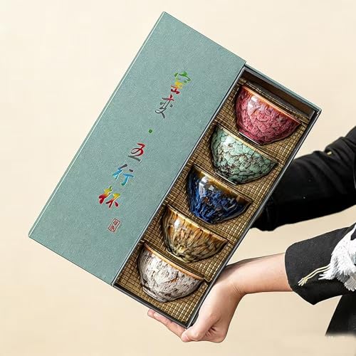 Ceramic Tea Cup, Chinese Kung Fu Tea Set, Japanese Cup, Gift Box Packaging for Birthday, Father's Day, Christmas (5 Color Bowl cup) - color: 5 Color Bowl cup