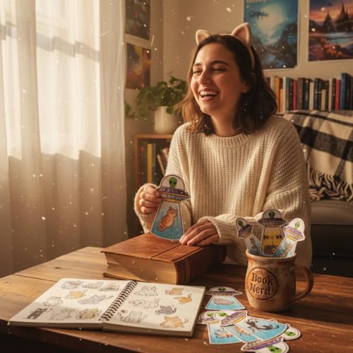 10PCS UFO Cat Magnetic Bookmarks - Funny Page Markers for Books Cute Kitty Magnetic Bookmarks Reading Accessories Office Book Lover Gifts - size: S-Funny Cat