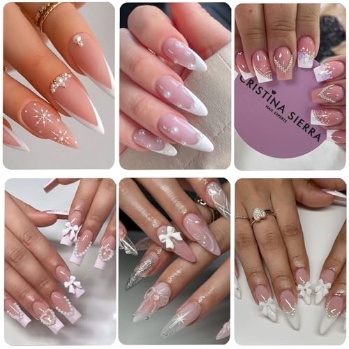 White Bow Nail Charms with Pearls Rhinestones for Women - color: Colorful-11