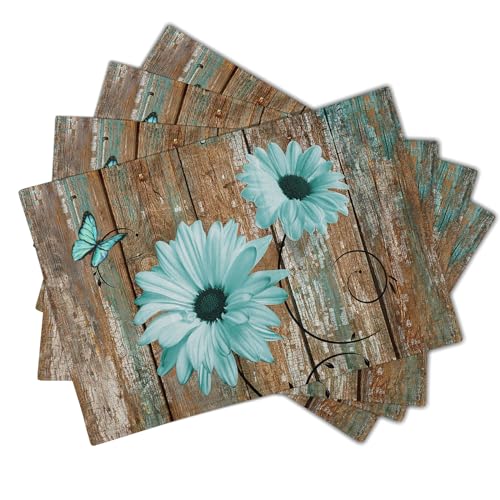 Giwawa Rustic Daisy Placemats Set of 4- Teal Sunflowers on Vintage Wood Board Linen Place Mat- Farmhouse Wooden Non Slip Heat Resistant Table Mats for Dining Kitchen Cabin Lodge Decor - color: Daisy Teal