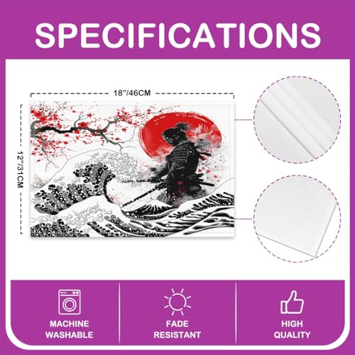 Feelyou Japanese Samurai Placemats Set Set of 4 18"x12" - color: Red and Black