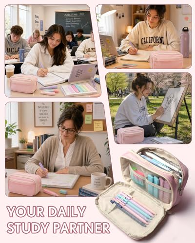 XKDOUS Pencil Case with Supplies, Preppy Stationery School Supplies Kit - color: Pink