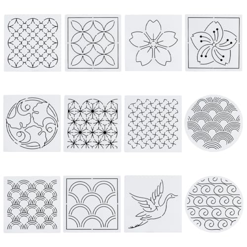 FREEBLOSS 12Pcs 5.5 * 5.5inch Plastic Sashiko Stencils Drawing Stencils Embroidery Patterns 12 Different Japanese Style Patterns Embroidery Templates for Hand Quilting - style: Flower, Weave and Bird