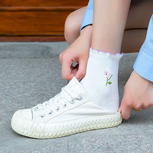 zrylibya Women Ruffle Frilly Floral Embroidery Scallop Ankle Socks 5 Pairs - color: Multicolor B