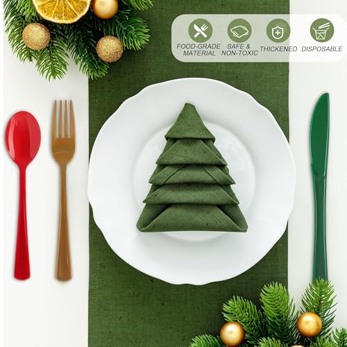 Kochorie 300 Pieces Christmas Plastic Silverware Heavy Duty Plastic Cutlery Set Heavyweight Disposable Flatware Includes Christmas Spoons Knives Forks for Christmas New Year Party - color: Red, Green, Gold