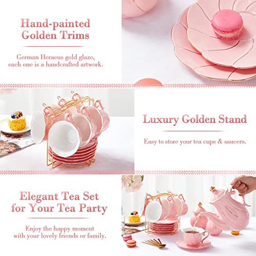 DUJUST 22 pcs Porcelain Tea Set for 6, Luxury British Style Tea/Coffee Cup Set with Golden Trim, Beautiful Tea Set for Women, Tea Party Set, Gift Package (With a Stand) - Pink - color: Princess Pink